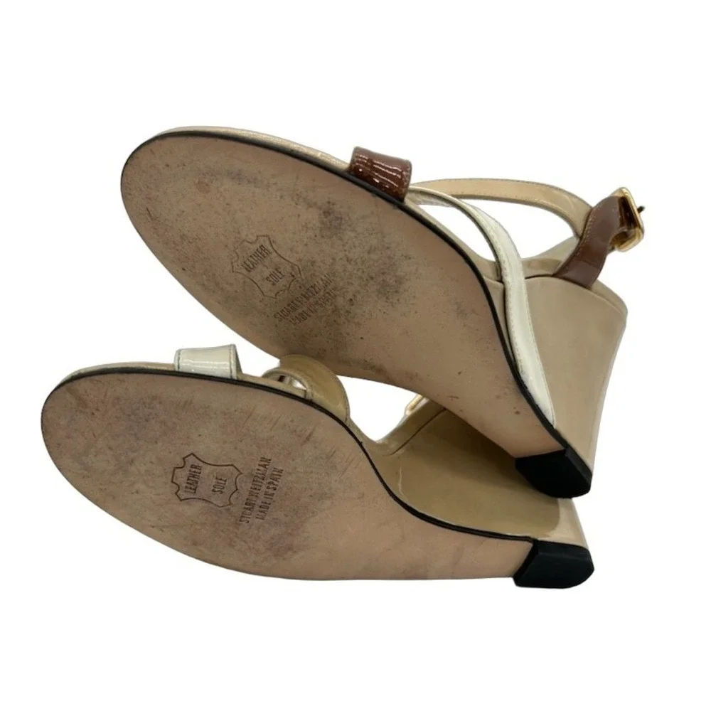 Stuart Weitzman Wedge Sandals Women's Size 7M‎ Tan Patent Leather Strappy